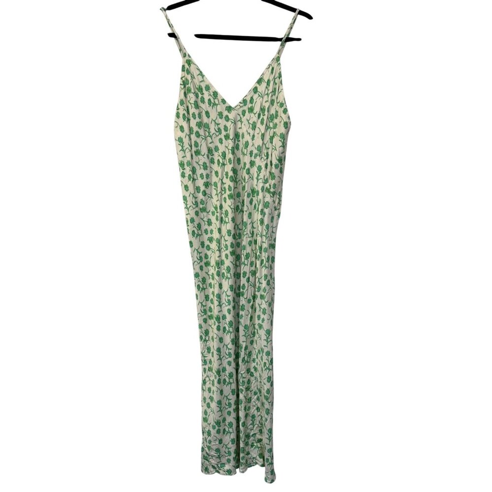 Zara Floral V-Neck Sleeveless Satin Viscose Dress Size XL Cream Green Spring
